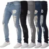 Mens Casual Skinny Jeans Calças Sólidas Preto Rasgado Beggar Fit Denim Com Joelho Buraco Para Jovens