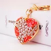 Emalj Rose Flower Key Ring Crystal Rhinestone Love Heart Metal Pendant Car Keychain Handväska Hummerlås Nyckelringar 40 * 46mm