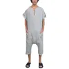 Vintage Overalls Men Jumpsuits Rompers Plain V Neck Arab Kaftan Working Pockets Trousers Muslim Islamic Masculina