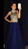 Elegant A Line Royal Blue Prom Dresses High Neck Poed Crystals Chiffon Long Evening Dresses Prom Gown Robe de Soiree 7485534