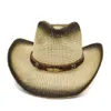 Zomer Zwart Spray Verf Ademend Vrouwen Dames Panama Papier Stro Hoed Lederen Decor Wide Large Brav Visor Cap Beach Cowboy Hat