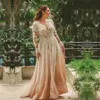 Druhna Rumieniec różowe sukienki szyfonowe v szyja długie rękawy koronkowe aplikacje seksowna bez pleców na zamówienie długość podłogi Maxi Maid of Honor suknia