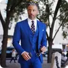 Handsome One Button Blue Groom Tuxedos Peak Lapel Men Suits 3 pieces Wedding/Prom/Dinner Blazer (Jacket+Pants+Vest+Tie) W628