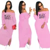 Plus Size Casual Bodycon Dress Women Cold Shoulder Letter Printed Package Hip Dress Sexy 2019 New Slash Neck Long Sleeve Split Maxi Dresses