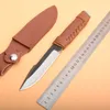 Outdoor Survival Straight Hunting Knife High Carbon Steel Satin Blade Full Tang Leather Handle &Leather Sheath