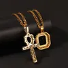 Men Women Iced Out Cubic Zircon Egyptian Ankh Key Pendant Necklace Ruby Pendant Necklace Set Hip Hop Jewelry Set Brand New