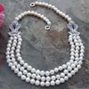 Hand knotted 3strands 7-8mm white round freshwater pearl necklace micro inlay zircon accessories pearl pendant long 53-58cm