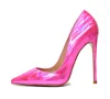 Lässige Designer-Sexy-Damenmode-Damenkleidschuhe mit spitzer Zehenpartie, rosa Lackleder-High-Heels-Stiletto-Damen-elegante, große Damenpumps, 12 cm