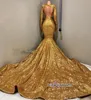 Bling Bling Gold Sequined Mermaid Evening Dresses Deep V Neck Long Sleeves Formal Dresses Evening Wear Special Occasion Dress Robes