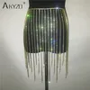 Akyzo Seksi Metal Zincir Gümüş Rhinestone Elbise Kadın Yaz Püskül Sequins Köpüklü 2 Iki Parçalı Lüks Gece Kulübü Parti Elbise Y19073101