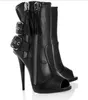 Hot Sale-Dames Mode Goedkope Prijs Naakt Zwart Open Teen Double Rits Spike Hak Booties Gesp Strap Sierlijke Jurk Schoenen