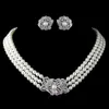 2019 trend fashion new elegant European and American bride jewelry set three rows of pearl rhinestone necklace earrings jewelry set