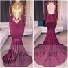 Afryki Purpurowe Długie Rękawy Złote Koronki Prom Dresses Mermaid Gold Lace Aplikacje Zroszony Wysokiej Neck Backless Keyhole Wieczór Party Suknie Nosić