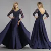 Vintage Meerjungfrau Mutter der Brautkleider V-Ausschnitt Spitze Appliques Champagner Navy Blue Overkirt Sheer Lange Ärmel Abendkleid Prom Kleider