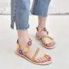 Ретро женские цветы открытые квартиры на ноги лодыжки обувь Римские сандалии женские мягкие пляжные туфли #391 S 5 S