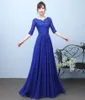 Royal Blue Bridessiaidのドレス長いシフォンのドレスアップリケビーズの人気の結婚式のゲストのゲストのドレスメイドの名誉ドレス