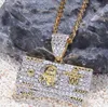 14k Gold Plated Hip Hop Green Backs Dollars Pendant Necklace Micro Pave Cubic Zirconia Diamonds Rapper DJ Singer Accessories