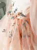 Rosa blomma flicka klänningar hög nacke långärmad appliqued spets beaded tiered girl pageant gown sweep train custom gjord födelsedag klänning billigt