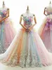 Abito da ballo colorato arcobaleno Abiti Quinceanera Collo senza spalline con perline Sweet 16 Abito Sweep Train Fiori Appliqued Tulle Masquerade275N