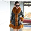 Female Sheepskin Coats High Quality Faux Fur Pure Color Fox Collars Snap Fastener Furs Big Yards Slim Winter Coat Z0359