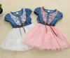 Großhandel - Sommer koreanische Mädchen Denim Gaze Tutu Kleid Mädchen süße Rüschen Kleid mit Gürtel Kurzarm Baby Kinder Prinzessin Kleid