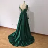 Dark Green Short Front Long Back Evening Formal Dresses Illusion Long Sleeves Lace Beading Beaded Sheer Round Neckline Prom Gowns Party Dres