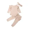 Set di abbigliamento per bambini con volant Top a maniche lunghe con volant + pantaloni gonna + fascia per capelli con fiocco 3 pezzi / set Abiti per bambini Pantaloni per ragazza con fascia elastica M702