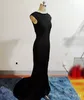 Custom Made Fancy Lady Formal Dresses Black Spandex Mermaid Party Gown Bateau Sweep Train Backless Evening Dresses Corset