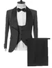 Mais recente Suits Homens Black Pattern e preto sólido Noivo Smoking Xaile Satin lapela Groomsmen Wedding Best Man (Jacket + Calças + Vest + Tie) L430