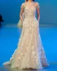 Newest Elie Saab Dresses Evening Wear Illusion Beads 3D Floral Appliqued Short Sleeve Prom Gowns Tulle Long Formal Party Dress