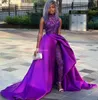 Purple Overskirt Jumpsuit Prom Dresses High Neck Appliqued Side Split Evening Gowns Beaded Plus Size Sweep Train Satin Formal Dress