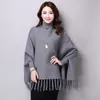 Vår Höst Nya Kvinnor Elegant Socialite Cashmere Tassel Cardigan Tröjor Batwing Sleeves Turtleneck Cape Outwear Sticka Poncho