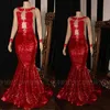 Robes de bal sirène paillettes rouges 2022 dentelle voir à travers le haut robes de graduation à manches longues fille noire africaine