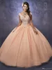 Robes de Quinceanera en tulle chatoyantes Robes de bal Mary's avec cape et col portrait Perles majeures Peach Sweet 15 16 Robes