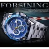 Forsining New Blue Design Calendario completo 3 Quadrante piccolo Argento Acciaio inossidabile Orologi meccanici automatici da uomo Orologio248f