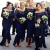 Vintage Lace Navy Blue Mermaid Bridesmaid Dresses Off the Shoulder Tea Length 2019 Custom Made Plus Size Long Sleeves Maid of Honor Gown