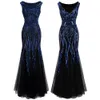 ANGFASHIONEN Women039s rundes Nackenmuster Pailletten Spleißen Tüll -Party -Kleid Flapper Langer Meerjungfrau Abendkleid 3775163912