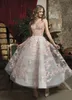 Krótki Różowy Kwiatowy Prom Dresses Koronkowe Aplikacje Sheer Neck Formalna Nosić Kostki Długość Wieczorni Suknie Dziewczyny Homecoming Dress Abendkleid