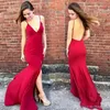 Sexy Barato Vermelho Com Decote Em V Vestidos de Noite Sereia Prom DressI Longos Vestidos de Noite Com Fenda Especial Ocasião Vestidos de Trem Da Varredura Personalizado