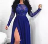 Sparkly Royal Blue Prom Dresses Appliques Long Sleeve Side Slit Floor Length Modern 2019 High Split Party Gowns Evening Dress Cust2959310