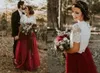 2019 Borgoña Tulle País Vestidos de novia Una línea Mangas cortas Encaje Vestidos nupciales Dos piezas Tallas grandes Boho Boho Bods Bods Boho