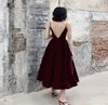 Robe de demoiselle d'honneur en velours bordeaux, longueur thé, bretelles spaghetti, dos nu, sans manches, robes formelles de fête de mariage, vêtements d'invités, couleur personnalisée