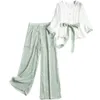 [Column] 2020 Spring European Jacquard Chiffon Suit Pants Female V-neck Shirt Suspenders Wide Leg Pants Three-piece 14022