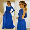 Modest Blue Beaded Evening Dresses High Neck Long Sleeves Backless Prom Gowns Floor Length Chiffon Plus Size Formal Dress