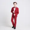 الأولاد الأحمر الساخن مناسبة رسمية مناسبة Totuxedos Notch Two Button Center Vent Vent Kids Wedding Tuxedos Suit (Jacket+Pants+Bow Tie+Vest)