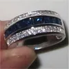 Mäns Deluxe 10K White Gold Plated Blue Sapphire Garnet Crystal Stone Band Wedding Ring For Men Women Jewlry Storlek 8-12 J19070247P