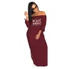 Plus Size Casual Bodycon Dress Women Cold Shoulder Letter Printed Package Hip Dress Sexy 2019 New Slash Neck Long Sleeve Split Maxi Dresses