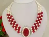 necklace Free shipping ++classic 3rows 7--8mm round white freshwater pearls red bead necklace