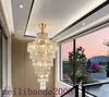 Postmodernes Duplex-Gebäude-Kristall-Kronleuchter-Licht, extra lang, goldfarbene LED-Kristall-drehende Pendelleuchten für Treppenhäuser, Villen, Hotels, MYY