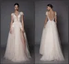 New Backless Wedding Dresses With Short Sleeves A-Line Lace Appliqued Plunging Neck Floor Length Split Side Plus Size Bridal Gowns